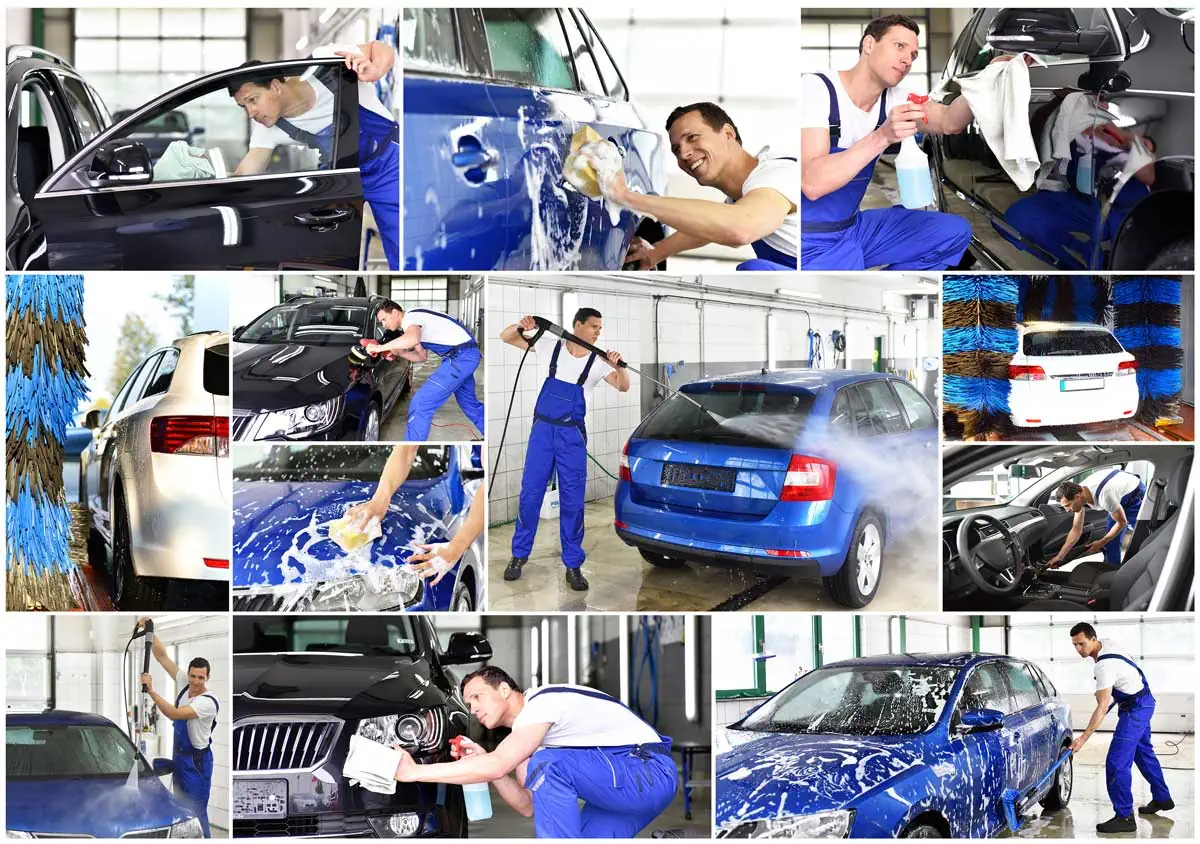 professionelle Autoreinigung in einer Werkstatt - Reinigung eines Fahrzeuges durch einen Profi